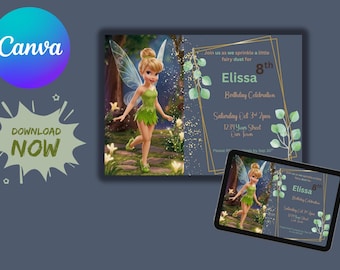 May include: A digital birthday invitation template featuring a fairy with blonde hair and a green dress. The text reads: Join us as we sprinkle a little fairy dust for Elissa 8th Birthday Celebration, Saturday Oct 3rd 2pm, 1234 Your Street, Our Town.