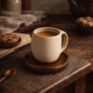 Può includere: Una tazza di ceramica beige piena di un liquido marrone, appoggiata su un piccolo sottobicchiere di legno. Un biscotto con gocce di cioccolato è su un piattino di legno vicino a un libro aperto.
