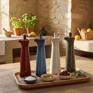 May include: Four ceramic oil and vinegar dispensers in red, blue, white, and gray, arranged on a wooden tray with small bowls of salt, oil, and spices. The dispensers have a slender, elegant design, perfect for kitchen use. The background features a rustic kitchen setting.
