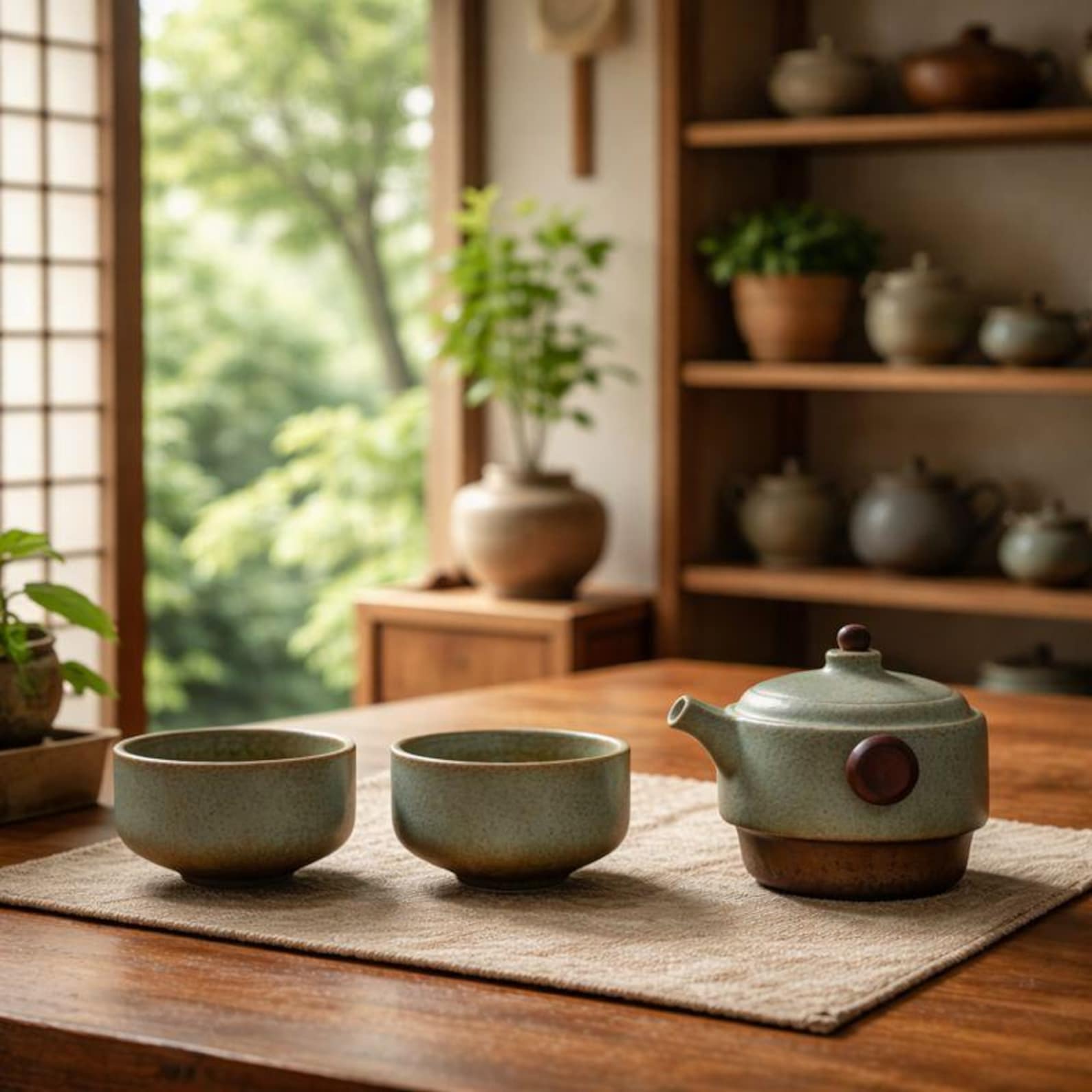 Bộ ấm chén sứ Nhật làm tay, men mộc mạc