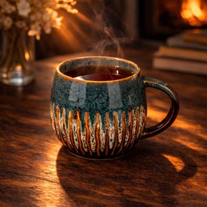 May include: A ceramic mug filled with a dark liquid, possibly tea or coffee, with steam rising. The mug has a teal and brown textured design. The handle is brown. The mug is on a wooden surface.