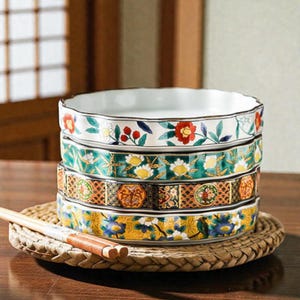 Puede incluir: Una pila de cuatro cuencos decorativos de cerámica con motivos florales. Los cuencos tienen interiores blancos y bordes estampados coloridos con flores rojas, amarillas y azules. Descansan sobre un salvamanteles tejido con palillos.