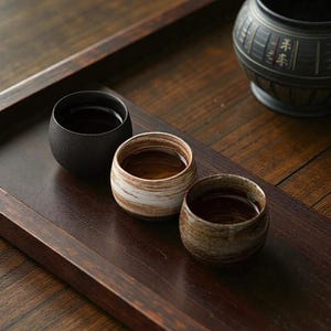 May include: Three small, round ceramic teacups filled with tea sit on a dark wooden tray. The cups are black, cream and brown, and textured. A dark, decorative ceramic jar is in the background.