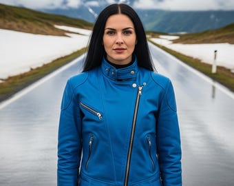 Chaqueta de motociclista de piel sintética azul: estilo motociclista atrevido para mujer