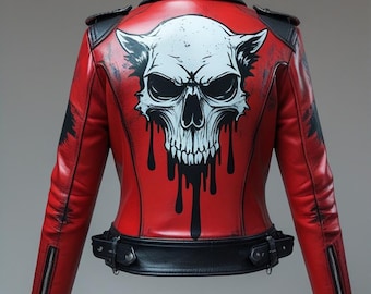 Red Leather Biker Jacket: Skull Design, Edgy Rocker Style