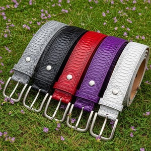Puede incluir: Colección de seis cinturones de cuero en varios colores: gris, negro, rojo, morado y blanco. Cada cinturón presenta una hebilla plateada y un patrón de piel de serpiente texturizado. Los cinturones están sobre hierba verde.