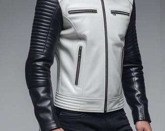 Zweifarbige Leder Cafe Racer Jacke: Schwarz-Weißer Echtleder Biker