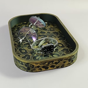 Leopard Print Catchall Tray Black Gold Decorative Organizer Tray Vanity Decor Handmade