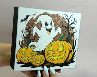 Ghost Pumpkin LED Night Light, Halloween Desk Decor, Spooky Shelf Accent, USB Table Lamp, Fall Home Decoration