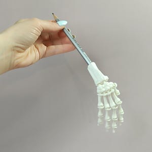 Peut inclure: Un porte-crayon en forme de main squelette blanche avec un crayon gris. Le crayon est maintenu en place par une pince. Le porte-crayon est conçu pour ressembler à un squelette de main humaine. Le fond est de couleur violet clair.