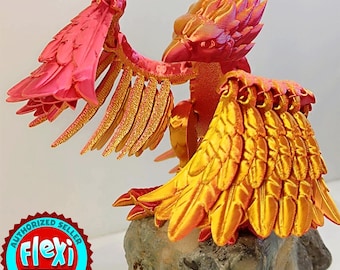 Articulated phoenix figure, Fire bird with movable wings