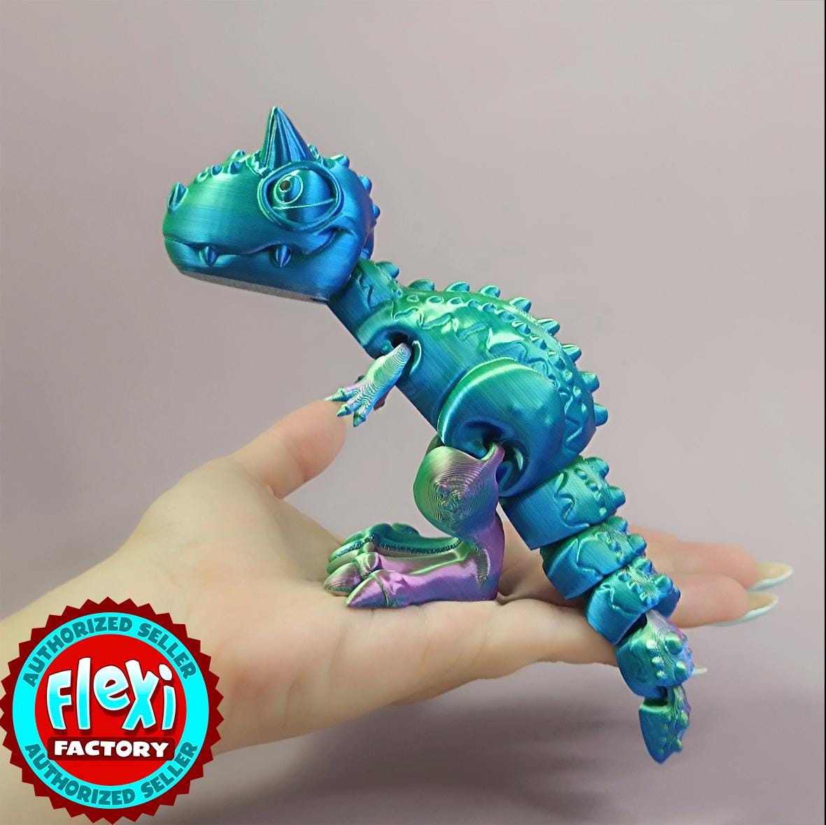 関節式恐竜おもちゃ：緑と紫のグラデーションフィジェット恐竜3D 