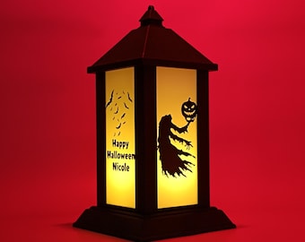 LEDキャンドル付きパーソナライズドハロウィンナイトライト、カスタムランタンデコレーション、お化け屋敷ゴーストパンプキングリムリーパー、不気味なギフトアイデア