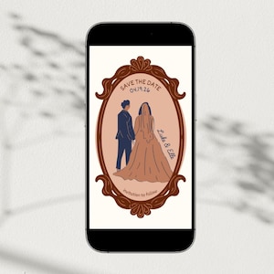 May include: A smartphone screen shows a digital wedding invitation. The illustration depicts a couple in formal wear inside a brown, decorative frame. Text reads "Save the Date 04.19.26" and "Luka & Elle, invitation to follow."