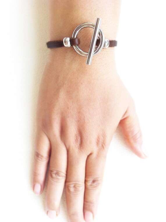 Items similar to Leather Wrap Bracelet with Metal Toggle Clasp in Dark