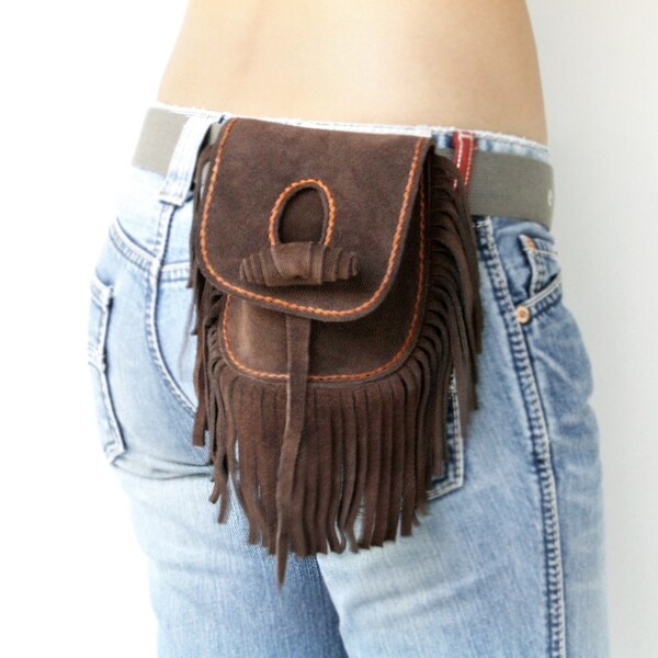 Hand Stitched Fringe Suede Hip Bag in Dark Brown