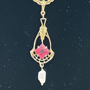 Antique GF Ruby Paste & Genuine Pearl Lavaliere
