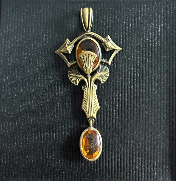 Antique Brass Czech Glass Pendant - image 2
