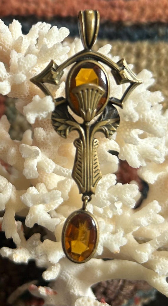 Antique Brass Czech Glass Pendant - image 1