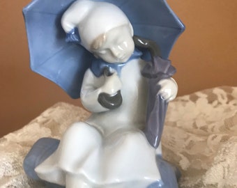 Vintage Lippelsdorf GDR Porcelain Sleeping Boy Under Umbrella Nightshirt Sleeping Cap Blue White