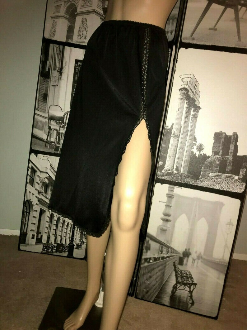 Vintage NOS Rare ShadowLine Black Double Split Black Nylon Half Slip 30 long Pillow Tab Lace 26-38 waist S-M