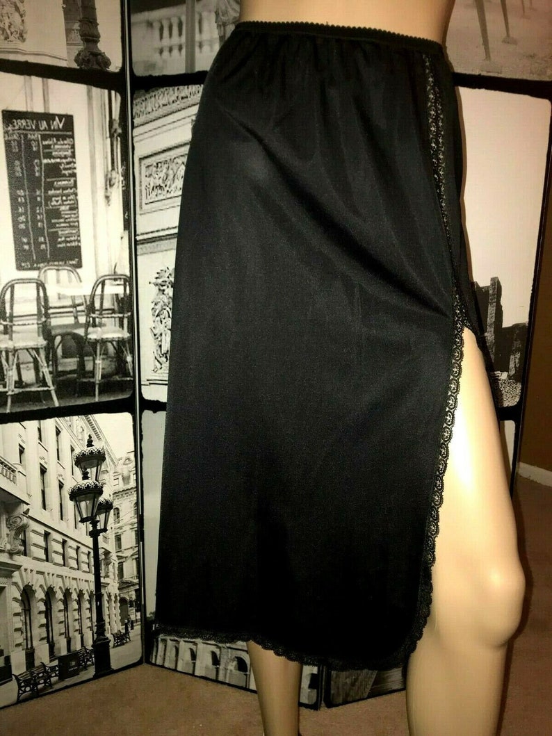 Vintage NOS Rare ShadowLine Black Double Split Black Nylon Half Slip 30 long Pillow Tab Lace 26-38 waist S-M