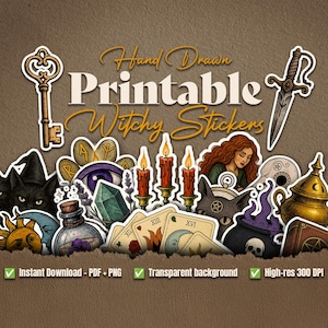 Witchy Printable Sticker Set für Journals, Scrapbooks, Planer & Altars | Tarot, Kristall, Rune und Mehr