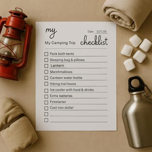 May include: A camping trip checklist with items like tents, sleeping bags, and a lantern. A red lantern, a stainless steel water bottle, marshmallows, and rolled-up blankets are also visible. The date on the checklist is 3/21/28.