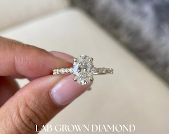 Lab Grown Diamond Oval Engagement Ring IGI Certified Hidden Halo Marquise Round Accent Band 14K Gold Bridal Ring