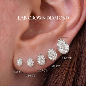 May include: Five pear-shaped lab grown diamond stud earrings in silver-toned bezel settings, arranged by size from 0.25 CT to 2.00 CT. The text LAB GROWN DIAMOND and LABSTONE are visible, along with labels for each carat weight: 0.25 CT, 0.50 CT, 0.75 CT, 1.00 CT, and 2.00 CT.