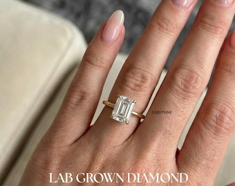 In het lab gekweekte diamanten emerald geslepen solitaire verlovingsring IGI-gecertificeerde low-profile effen band 14K massief gouden bruidsring