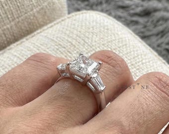 5ct Princess Cut Lab Diamond Three Stone Engagement Ring, Tapered Baguette Trilogy Ring in Platinum