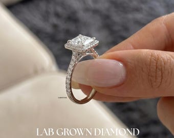 Lab Grown Diamond Princess Cut Halo-verlovingsring IGI-gecertificeerde vierkante Halo Pavé 14K witgouden bruidsring