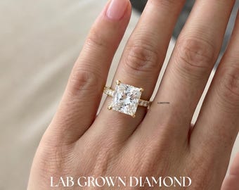 1-5ct Lab Grown Diamond Princess Cut Engagement Ring, IGI Certified, Hidden Halo Pave 14K Yellow Gold Bridal Ring, Gift For Her