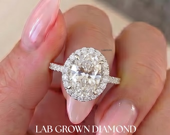 Lab Grown Diamond Oval Halo Ring, Full Pave Halo Pave Shank Cathedral Setting, 14K Solid White Gold IGI Certified Bridal,  2 CTW D-F VVS