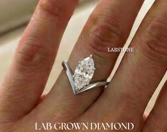 3 CT Marquise Shape Lab Grown Diamond Solitaire-ring 14k witgoud, D/VVS2 IGI-gecertificeerde diamant, unieke geneste verlovingsring, CVD-diamant
