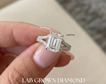 Emerald Cut Lab Grown Diamond Split Shank Pave Engagement Ring IGI Certified, 14K White Gold Diamond Split Band Elegant Bridal Ring Her