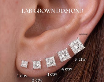 1-5 TCW Princess Cut Diamond Stud Earrings in 14k Solid Gold, 4 Prong Setting, Push Back Style, Lab Grown Diamonds Stud, Gift for Her