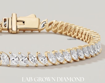 Lab Grown Diamond Marquise Cut Tennis Bracelet, 6 TCW, 14K White Gold, Navette Diamond Bracelet, Gift for Her