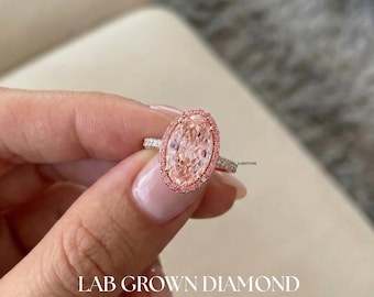 Aangepaste bestelling voor Jannice 5 CT fancy roze ovale in het lab gekweekte diamanten halo hangende ketting, IGI-gecertificeerd, roze halo, 14 kt roségoud