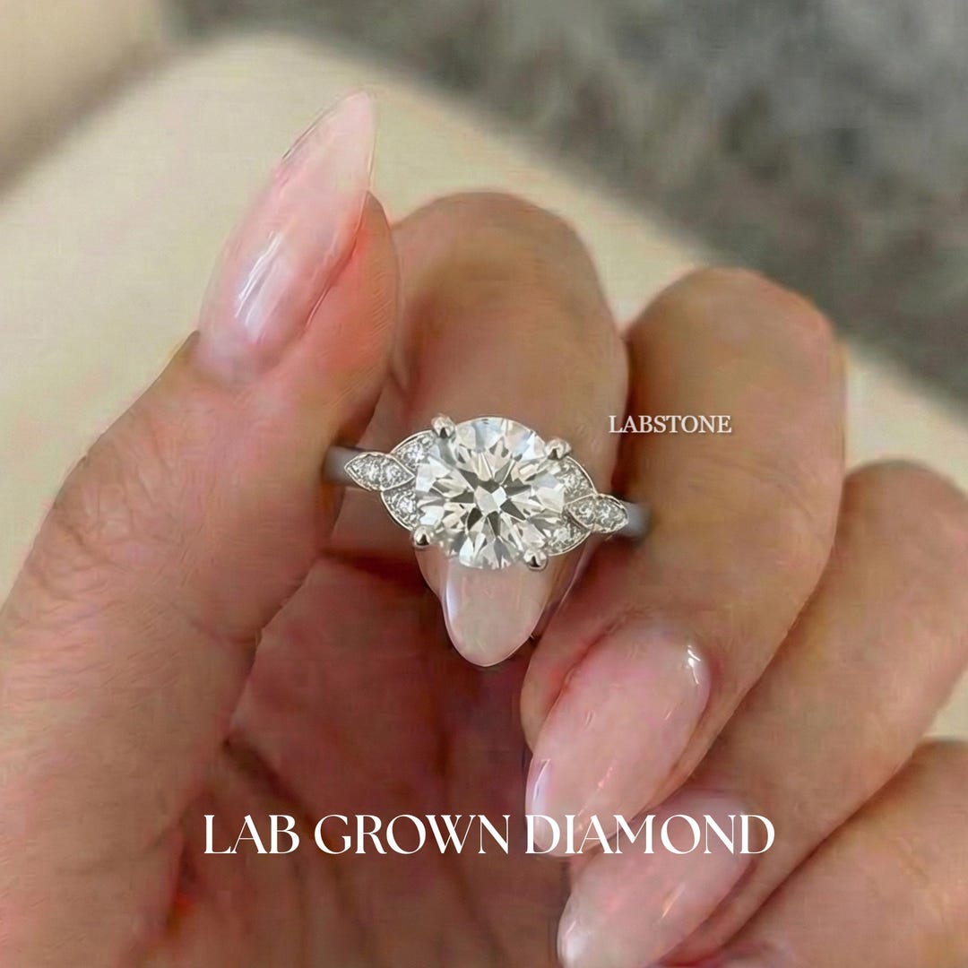 2 CT Round Cut Snowdrift Cluster Engagement Ring, 14k Solid Gold Ring ...