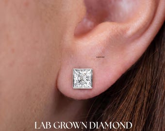 1 kt ringset prinsesvorm lab diamanten oorknopjes, minimaal vierkant sierlijk ontwerp, push-back stijl, 14 kt massief goud, in het lab gekweekte diamant