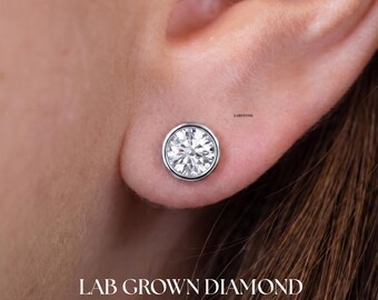 3 TCW Bezel Set Round Shape Stud Earrings, Minimalistic Design in 14K Solid Gold, Push Back Style, Lab Grown Diamond Stud Earrings