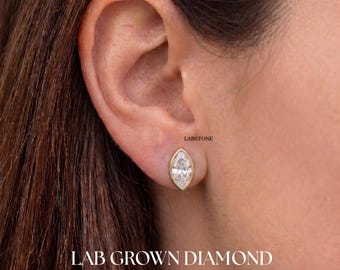 1 CT ringset Marquise Shape Lab Diamond-oorbellen, uniek minimaal sierlijk ontwerp, push-back-stijl, 14 kt massief goud, in het lab gekweekte diamant