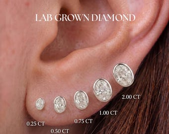 0,25-3 kt ring set ovale oorknopjes, uniek minimaal sierlijk ontwerp, push-back-stijl, 14 kt massief goud, in het laboratorium gekweekte diamant, cadeau voor haar