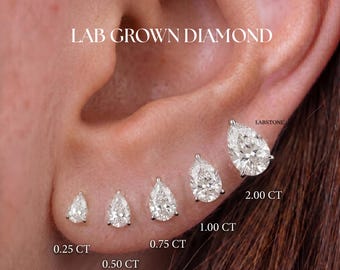 14k massief gouden klassieke 3 TCW-peergeslepen steker, 5-punts push-back-stijl, minimalistische solitaire-instelling, in het laboratorium gekweekte diamanten knop