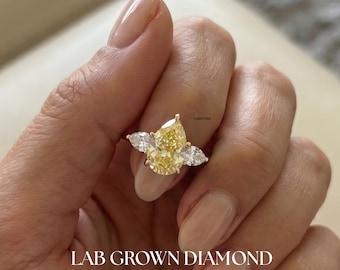 Fancy Yellow Lab Grown Diamond Three Stone Ring, IGI Certified, Pear Cut Canary Yellow 14K Gold Trilogy Bridal Ring, Gift For Her