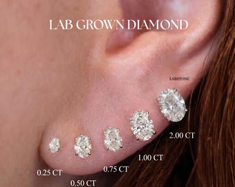 Ovale diamanten oorknopjes van 14 kt massief goud, ovaal geslepen minimalistische oorbellen, set met vier tanden, push-back-stijl, in het lab gekweekte diamanten stud
