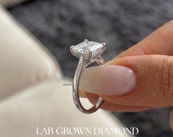 Lab Grown diamanten prinses geslepen verborgen halo verlovingsring, IGI-gecertificeerd, effen band 14 kt witgouden solitaire bruidsring, cadeau voor haar