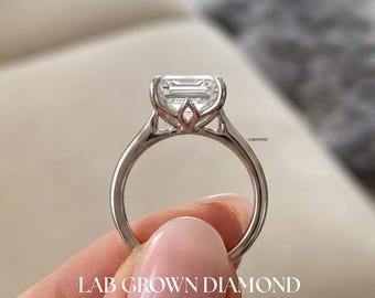 5 Ct Lab Grown Diamond Emerald Cut Engagement Ring, IGI Certified, Lotus Cathedral Setting 14K Solid Gold Platinum Solitaire Bridal Ring